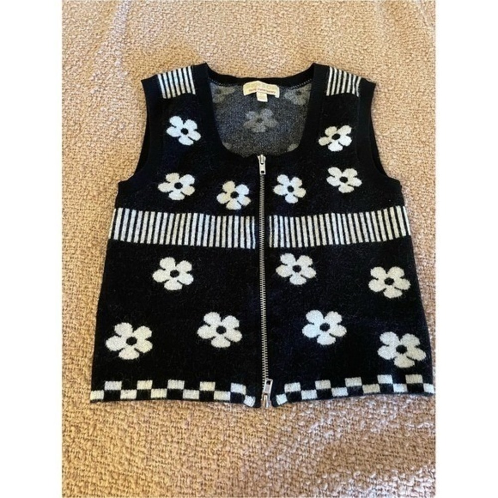 Retro Floral Zip Front Sweater Vest Y2K Black White Checkered Daisy Size Medium